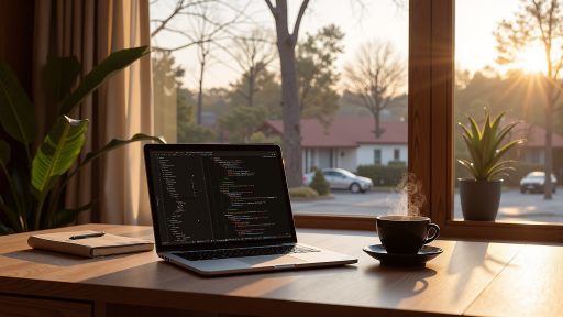 开发工具界面截图，深色主题IDE界面，多窗口布局显示代码编辑器和终端，明亮自然光效果