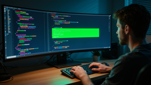 个人开发者工作场景，单人坐在电脑前编程，桌面整洁，显示器显示代码界面，明亮自然光效果