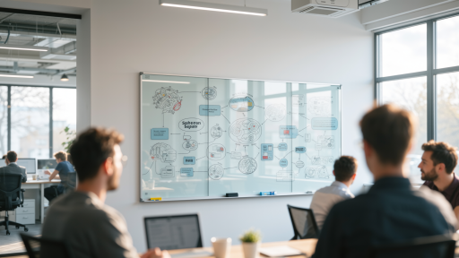 团队协作场景，多人围坐讨论，大屏幕显示代码和流程图，明亮自然光效果